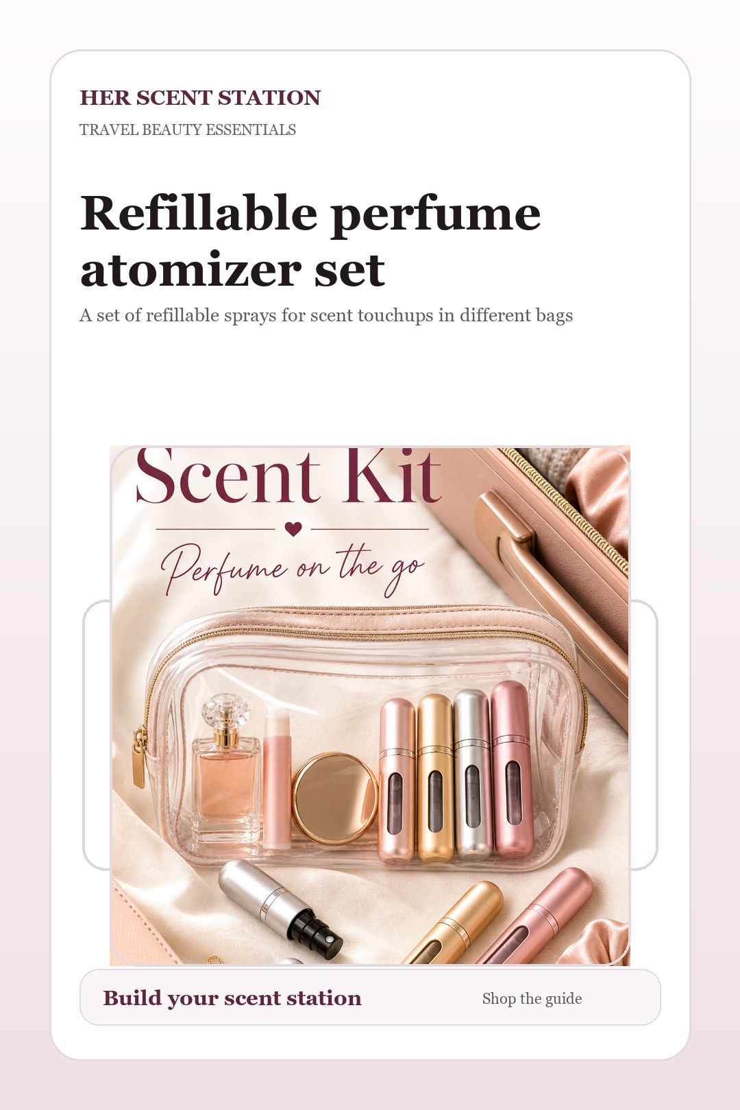 Refillable perfume atomizer set styled for a Her Scent Station guide