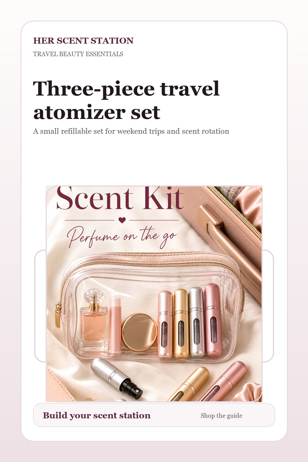 Three-piece travel atomizer set styled for a Her Scent Station guide