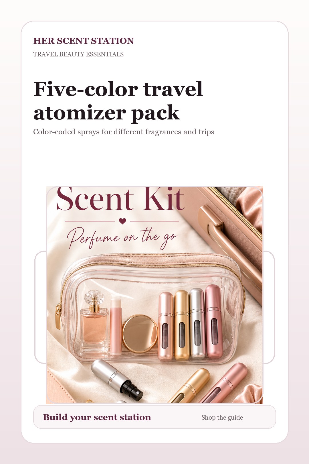 Five-color travel atomizer pack styled for a Her Scent Station guide