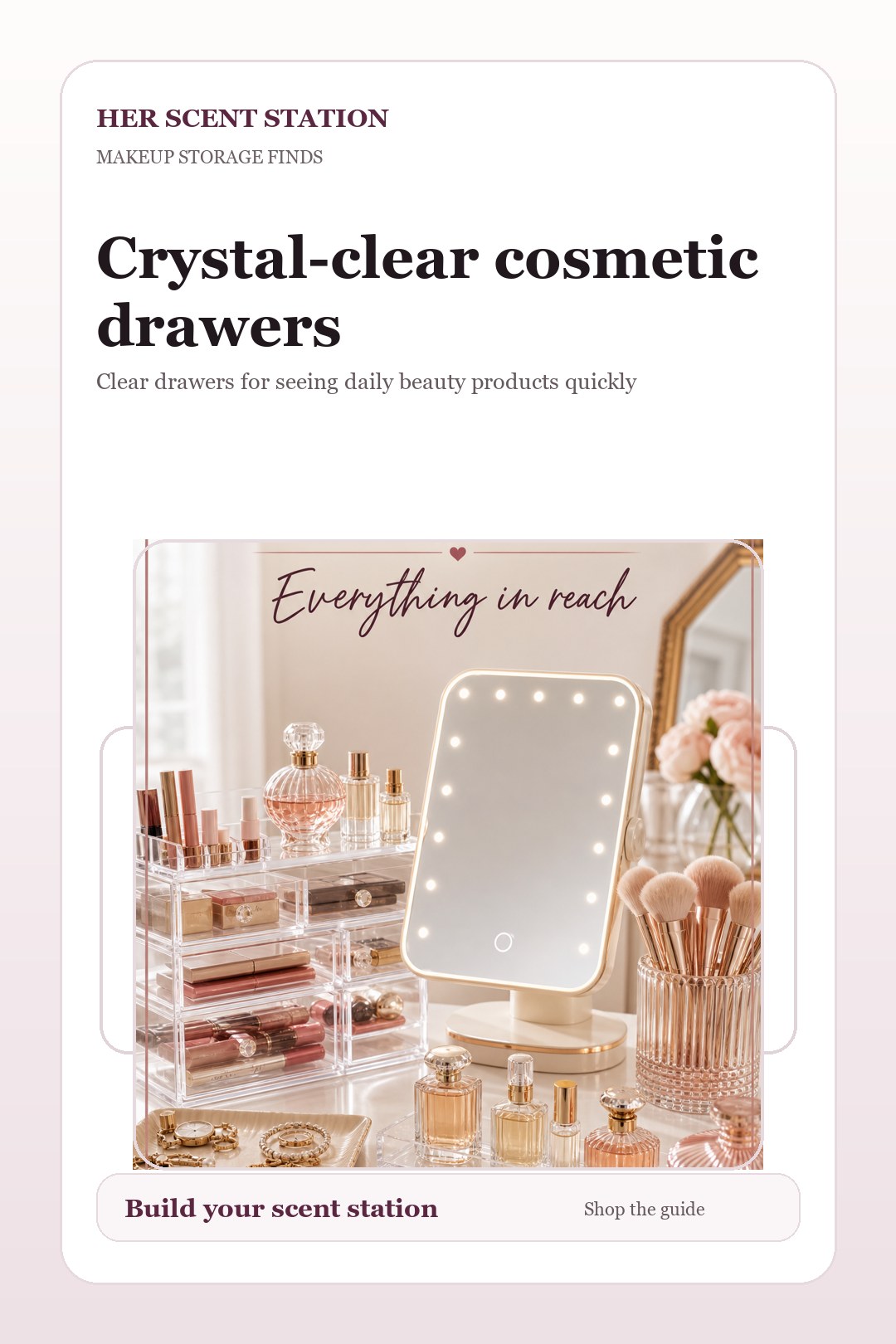 Crystal-clear cosmetic drawers styled for a Her Scent Station guide