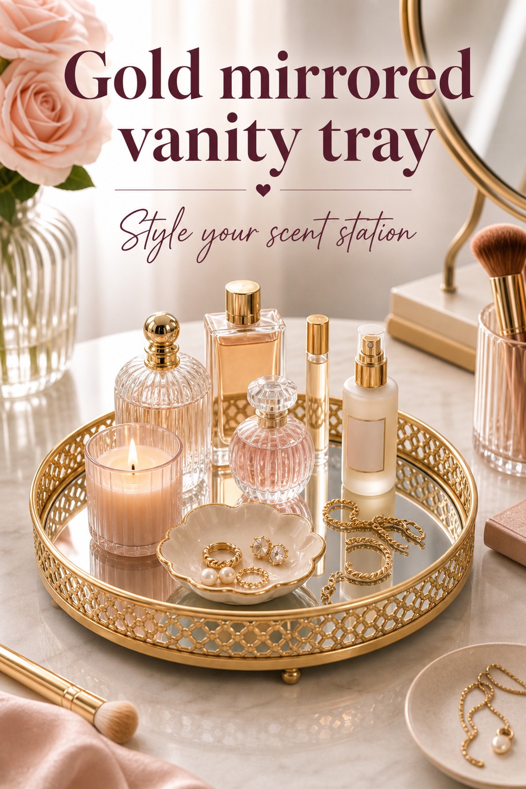 gold metal perfume tray for Her Scent Station