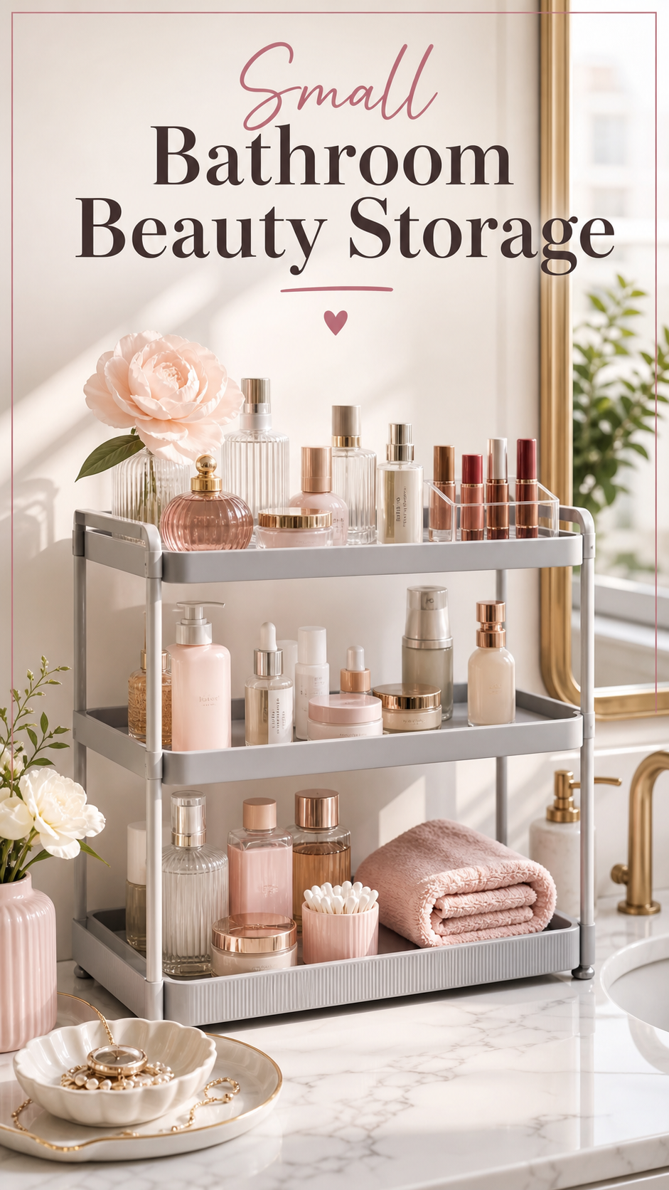 Small bathroom beauty storage setup with a tiered organizer, fragrance bottles, skincare, and jewelry